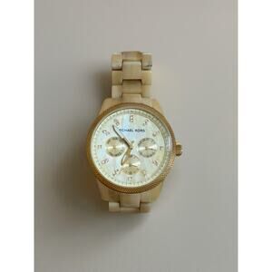 Michael Kors MK5039 Chronograph Beige Resin Gold Tone Women’s Watch Small 6”